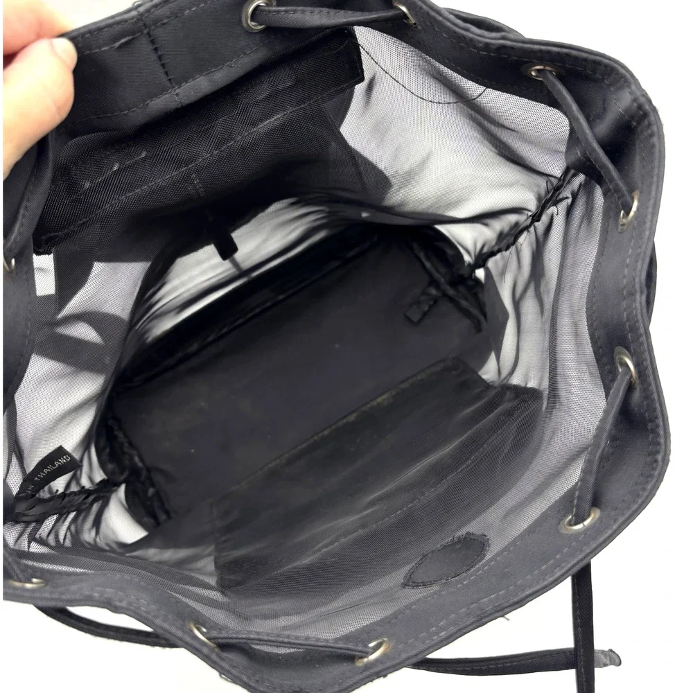 Vintage 00s Y2K EXPRESS Black Nylon See-through Mesh Drawstring Backpack 13x11
